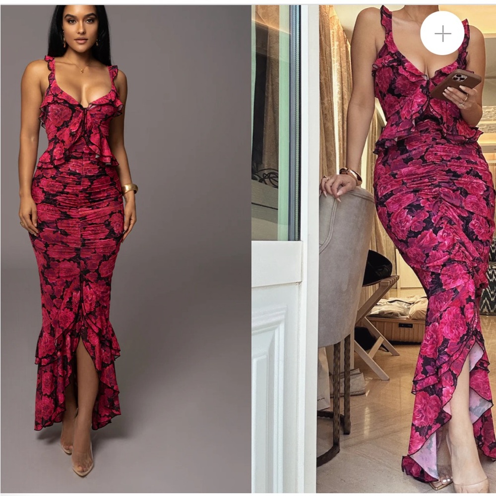 JLUXE LABEL PINK LA COSTA RUFFLE MAXI DRESS